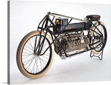  This exquisite print showcases a classic motorcycle, a symbol of freedom and adventure. The artwork captures every intricate detail of the motorcycle, from the meticulously crafted engine to the sturdy wheels and elegant frame. The nameplate on the side reads “Curtiss”, indicating the brand or model of this classic machine. 