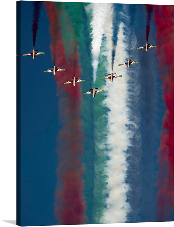 Take a breathtaking journey through the skies as Al Fursan (The Knights) soar together, leaving behind mesmerizing smoke trails. Witness the awe-inspiring sight of a group of airplanes flying in perfect formation, painting the sky with their graceful maneuvers.