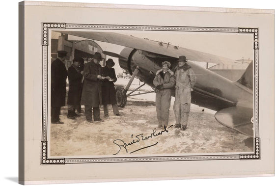 This captivating print captures a moment frozen in time, featuring the iconic Amelia Earhart and George Putnam alongside an aircraft. The unknown artist masterfully encapsulates the essence of early aviation and the adventurous spirit that defined an era.