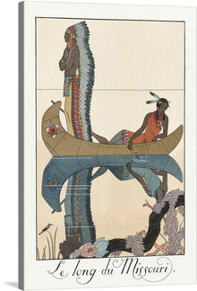  “Langs de Missouri (1923)” is a captivating piece of artwork that transports viewers back in time, offering a glimpse into the rich tapestry of Native American culture. The intricate detailing and vivid colors breathe life into this scene, capturing the essence of a bygone era with grace and dignity. The artwork depicts two Native American figures on a canoe, one standing tall with an elaborate feather headdress, and the other seated, looking into the water.