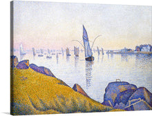  “Evening Calm, Concarneau, Opus 220 (Allegro Maestoso)” is a mesmerizing art print that captures the serene beauty of a harbor at sunset. This pointillist masterpiece by Paul Signac is a symphony of soft colors, creating a peaceful mood that invites contemplation. The painting depicts sailboats gently bobbing on the water, with quaint buildings in the background, all bathed in the soft glow of the setting sun. 