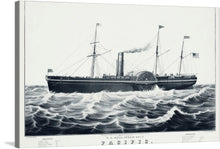  “U.S Mail Steam Ship The Pacific” by N. Currier immerses you in the grandeur of maritime history. This exquisite black and white print captures the intricate details of the ship—the two tall masts adorned with American flags, the graceful paddle wheel, and the billowing smoke from its stack. Against turbulent waves, the ship sails with purpose, a testament to innovation and elegance.