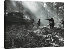  This captivating monochromatic print, titled “Infantry Combat Scene in Bougainville, France (1914)”, transports you to a moment of intense conflict. The meticulously detailed depiction of soldiers and a tank amidst a battlefield is both haunting and beautiful. The dramatic interplay of light and shadow filtering through the towering trees creates an eerie atmosphere that adds depth to the scene. 