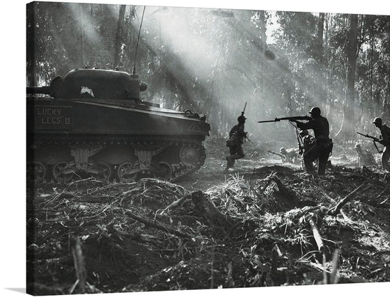 This captivating monochromatic print, titled “Infantry Combat Scene in Bougainville, France (1914)”, transports you to a moment of intense conflict. The meticulously detailed depiction of soldiers and a tank amidst a battlefield is both haunting and beautiful. The dramatic interplay of light and shadow filtering through the towering trees creates an eerie atmosphere that adds depth to the scene. 