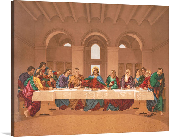 Immerse yourself in the serene and sacred atmosphere encapsulated in this exquisite print of a renowned artwork. The scene unfolds within an architectural masterpiece, where thirteen figures are gracefully seated around a long, white tablecloth-covered table. Each figure is adorned in robes of rich, vibrant hues that contrast beautifully against the subdued tones of the surrounding environment. 