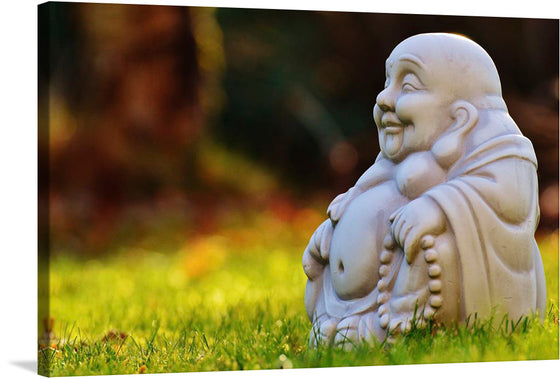 Immerse yourself in the serene beauty of our “Laughing Buddha Statue” print. Captured amidst the lush greenery and radiant sunlight, this exquisite piece embodies tranquility and harmony. The intricate details of the statue, from its jovial expression to the ornate beads, are accentuated by the vibrant backdrop of nature. 