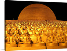  This print features a mesmerizing sea of golden Buddha statues set against a large, warmly lit dome. The statues, all identical and sitting in a meditative pose, exude a sense of peace and serenity. The dome, made of a woven material and lit from within, casts a warm glow on the statues, enhancing their golden hue. The black background makes the golden statues stand out, creating a striking contrast.