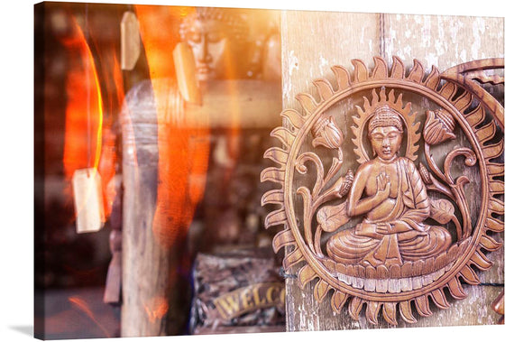 Our “Peaceful Buddha Statue” print is a masterpiece that captures the essence of tranquility and inner peace. The intricate details of the wooden carving, from the Buddha’s robes to the delicate petals that surround him, are captured with exquisite precision. 