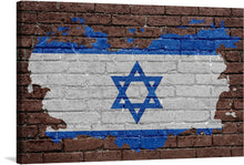  The piece features the iconic Israeli flag, masterfully rendered on a textured brick wall that exudes an air of resilience and enduring strength. The vibrant blue stripes and Star of David contrast beautifully against the rustic backdrop, making it a striking addition to any space.