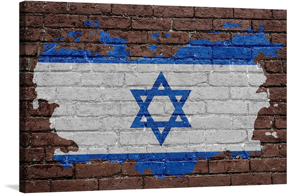 The piece features the iconic Israeli flag, masterfully rendered on a textured brick wall that exudes an air of resilience and enduring strength. The vibrant blue stripes and Star of David contrast beautifully against the rustic backdrop, making it a striking addition to any space.