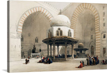  Immerse yourself in the enchanting allure of “Mosque of Sultan Hassan Cairo (1796-1864)” by David Roberts. This exquisite print captures a moment frozen in time, where architectural grandeur meets human vitality within the sacred confines of a mosque. 