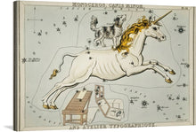  “Astronomical chart of the Monoceros, Canis Minor and the Atelier Typographique (1831)” by Sidney Hall is a captivating artwork that captures the ethereal beauty of a unicorn representing Monoceros, alongside Canis Minor depicted as a vibrant dog, both adorned with stars that map out their respective constellations. 