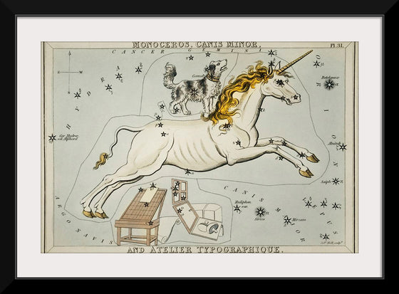 "Astronomical chart of the Monoceros, Canis Minor and the Atelier Typographique (1831)", Sidney Hall