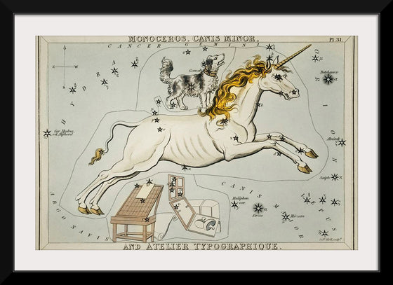 "Astronomical chart of the Monoceros, Canis Minor and the Atelier Typographique (1831)", Sidney Hall