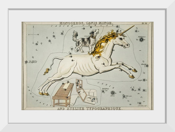 "Astronomical chart of the Monoceros, Canis Minor and the Atelier Typographique (1831)", Sidney Hall