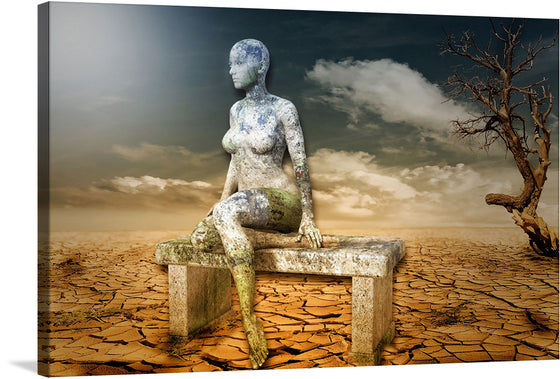 “The Eternity” by Kai Stachowiak is a mesmerizing artwork that captures the essence of timelessness and the enduring spirit of nature. In this exquisite print, a figure, harmoniously blended with earthy textures and tones, sits amidst a desolate yet beautiful landscape of cracked earth under a dramatic sky. The barren tree in the background stands as a testament to resilience, echoing the silent strength of the figure. 