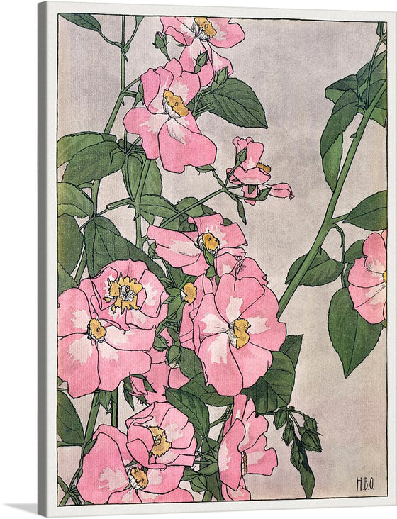 This exquisite print captures the delicate elegance of blooming roses, each petal painted with meticulous detail, evoking a sense of timeless grace. The artist’s masterful use of color and line breathes life into every flower, making them dance against the muted backdrop. 