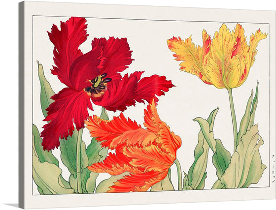 “Parrot Tulip” by Tanigami Konan is a stunning artwork that captures the ephemeral beauty of nature. The painting features three brightly colored tulips amidst green foliage. One tulip is deep red with intricate petal details showcasing layers and texture; it appears lush and full.