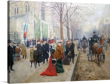  “Paris Street Scene” is a stunning artwork that transports you to a bygone era, where the streets of Paris buzzed with the elegant and elite. The painting depicts a busy street scene in Paris, with a large group of elegantly dressed people walking on the sidewalk. 