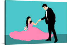  “Bride And Groom” captures the raw, untethered power and beauty of love’s union. In this exquisite print, the bride’s flowing pink gown and the groom’s classic attire stand as symbols of commitment and shared dreams. Their silhouettes against the teal backdrop evoke a sense of eternal romance—the promise of a lifetime together. 