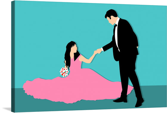 “Bride And Groom” captures the raw, untethered power and beauty of love’s union. In this exquisite print, the bride’s flowing pink gown and the groom’s classic attire stand as symbols of commitment and shared dreams. Their silhouettes against the teal backdrop evoke a sense of eternal romance—the promise of a lifetime together. 