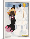 “Winter (1907)” by Penrhyn Stanlaws invites viewers into a whimsical snowscape, where elegance meets playfulness. The illustrated figure, clad in black with delicate pink accents, engages in a delightful interaction with a traditional snowman. Against a serene winter backdrop, bare trees stretch upward, emphasizing the contrast between warmth and frost.