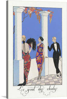  “Le goût des châles: France XXe siècle (1923)” by George Barbier is a stunning artwork that captures the essence of early 20th-century French high society. The artwork features three figures; two are wearing elaborate dresses with detailed patterns, while one is in a classic black suit. 