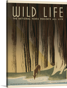  “Wild Life” invites you to immerse yourself in the serene beauty of our cherished national parks. This captivating print transports you to the heart of unspoiled wilderness, where towering trees with textured bark stand tall against a tranquil pond. A graceful deer bends down to sip from the water, its reflection mirroring the quietude of nature. 