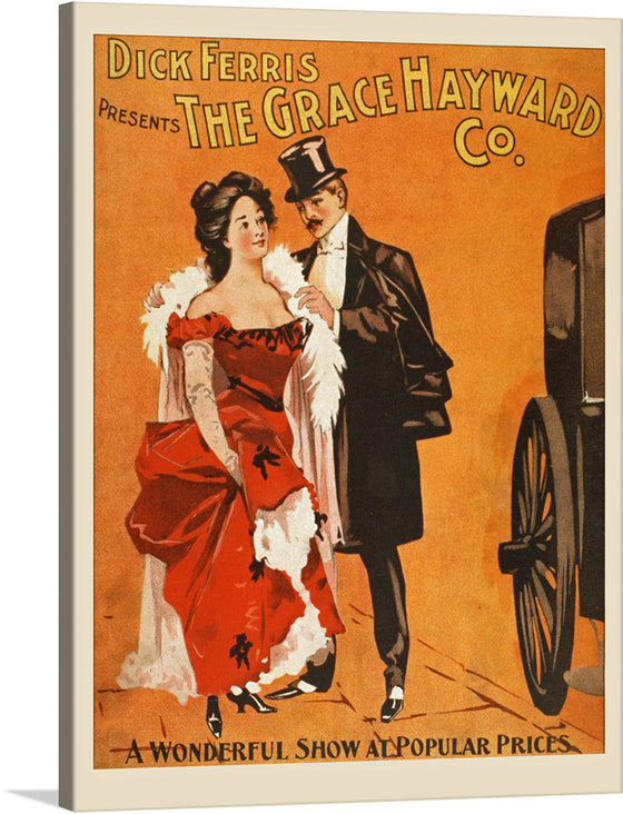 “Wonderful Show” transports you to a bygone era of theatrical elegance and intrigue. In this captivating vintage artwork, a lady in a sumptuous red gown, trimmed with white fur, exudes grace. Beside her stands a distinguished gentleman, his face veiled in mystery. Together, they await an opulent carriage, ready to whisk you away to a mesmerizing spectacle. 