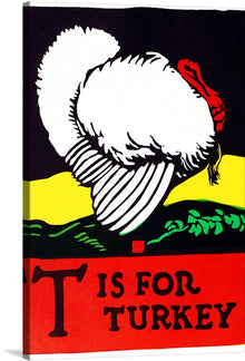  The “T Is For Turkey ABC 1923” print is a delightful piece of art that captures the essence of vintage educational material. The bold contrast of colors, featuring a majestic white turkey against a stark black background, is accentuated by the vibrant red base adorned with classic typography. This artwork, reminiscent of early 20th-century design aesthetics, offers not just visual pleasure but a nostalgic journey that adds character and conversation to any space. 