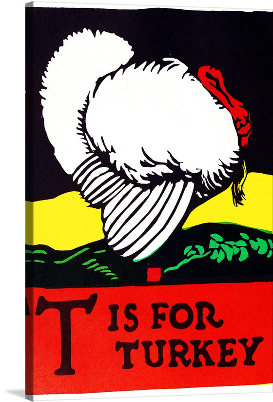 The “T Is For Turkey ABC 1923” print is a delightful piece of art that captures the essence of vintage educational material. The bold contrast of colors, featuring a majestic white turkey against a stark black background, is accentuated by the vibrant red base adorned with classic typography. This artwork, reminiscent of early 20th-century design aesthetics, offers not just visual pleasure but a nostalgic journey that adds character and conversation to any space. 