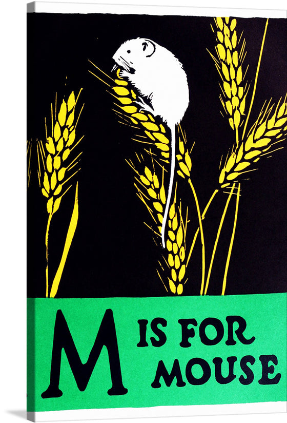 Step into a world where art and learning intertwine with our exclusive “M Is For Mouse ABC 1923” print. This captivating piece, a reproduction of a classic 1923 artwork, features a charming white mouse delicately perched atop golden wheat stalks against a stark black backdrop.