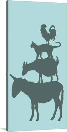  This print is a playful and modern take on the classic farm animal stack. The print features a rooster, a cat, a goat, and a donkey in silhouette, all stacked on top of one another. The background is a soft blue, making the animals stand out. This artwork would be a great addition to any home or office, adding a touch of whimsy and fun.