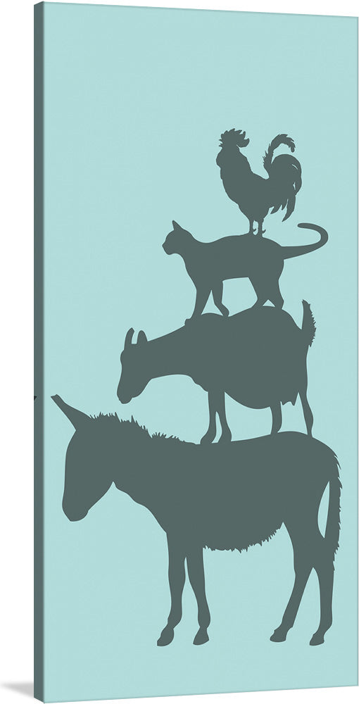 This print is a playful and modern take on the classic farm animal stack. The print features a rooster, a cat, a goat, and a donkey in silhouette, all stacked on top of one another. The background is a soft blue, making the animals stand out. This artwork would be a great addition to any home or office, adding a touch of whimsy and fun.