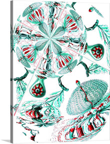  This captivating print, a symphony of flora and fauna, invites you into a world where nature’s artistry takes center stage. The intricate dance of organic shapes, rendered in a striking palette of red and green, creates a mesmerizing spectacle. The central motif, a large circular pattern detailed with leaves, flowers, and fruits, is surrounded by illustrations that reveal the beauty of nature’s internal structures.
