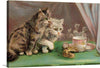 “Cats, Afternoon Tea” is a delightful print that invites you into a whimsical world where feline elegance meets the warmth of a teatime ritual. Painted in 1910 by an unknown artist, this charming scene captures two gray and white cats perched gracefully beside a dainty pink tea cup adorned with delicate gold accents and floral motifs.