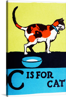 This print is a playful and colorful illustration of a cat with a bowl of milk. The cat is black and orange with a white belly and paws. The background is a bright yellow with a blue banner at the bottom that reads “C is for Cat”. This print would be perfect in a living room or in a kid's room.