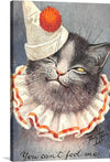 “Cat Clown” by Arthur Thiele is a playful and humorous print that would make a great addition to any cat lover’s collection. The print features a black cat with a white clown hat and collar. The cat has a mischievous expression and is looking off to the side. The background is a textured blue-grey color. 