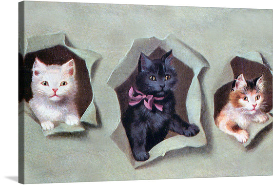Introducing our exclusive print, “Feline Frames” – a charming artwork that captures the whimsical essence of three adorable kittens, each peeking through torn paper frames. The artist masterfully renders the soft fur and expressive eyes, bringing each character to life. The middle kitten, adorned with a dainty bow, adds a touch of elegance to this playful piece. 