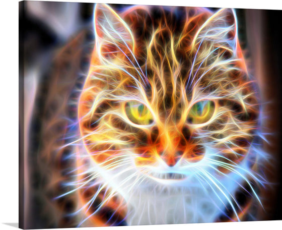 “Neon Cat 2” is a stunning digital artwork that captures the essence of feline grace and mystique. The neon colors used in the artwork create a mesmerizing effect that illuminates every strand of fur, casting an otherworldly glow that dances between reality and fantasy. The cat’s eyes, glowing with intense green hues, are surrounded by intricate patterns of light, adding to the artwork’s aura of mystique and fantasy.