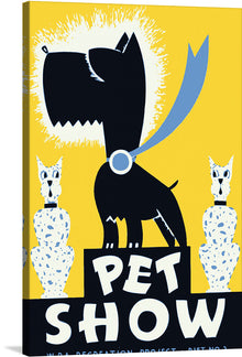  “Pet Show” is a playful and bold print that features a black dog with a blue ribbon. The dog is standing on a pedestal with two white cats on either side. The background is a bright yellow, making the black and blue stand out. 