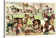  Immerse yourself in the captivating charm of this exquisite artwork, a print that brings together an eclectic mix of beloved dog breeds. Each canine is rendered with meticulous detail, capturing their unique personalities and physical attributes. Set against a backdrop that exudes vintage allure, this piece is a celebration of man’s best friend in all their diverse glory. 