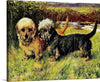 This charming painting of two Dandie Dinmont terriers, a small breed of dog known for its distinctive shaggy coat, is a must-have for any dog lover. The artist has captured the dog's playful personality and mischievous expression with great skill.  The dogs are standing in a grassy field&nbsp;with&nbsp;their&nbsp;tails wagging.&nbsp;Their eyes are bright and alert, and their ears are perked up. The dogs seem to be eager to play, and&nbsp;their infectious enthusiasm is sure to bring a smile to your face.