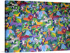 This vibrant and playful print is a perfect addition to any room. The colorful jungle scene is filled with a variety of animals and plants, creating a lively and dynamic atmosphere. The animals, including lions, tigers, zebras, elephants, and giraffes, are depicted in a playful and cartoon-like style. 