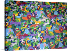  This vibrant and playful print is a perfect addition to any room. The colorful jungle scene is filled with a variety of animals and plants, creating a lively and dynamic atmosphere. The animals, including lions, tigers, zebras, elephants, and giraffes, are depicted in a playful and cartoon-like style. 