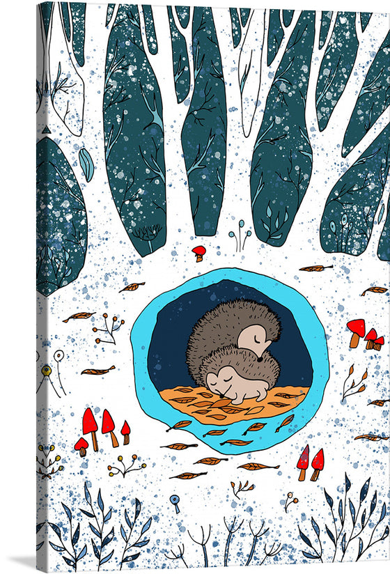 “Serene Woodland” is an enchanting art print that transports you to a tranquil woodland where snow gently falls around the slumbering creatures of the forest. It captures a tender moment between two hedgehogs nestled comfortably in their cozy burrow, surrounded by whimsical mushrooms and delicate foliage.