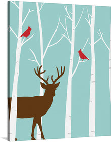  A serene forest scene with a majestic deer gracefully standing amidst the trees, while two red birds flutter around. This captivating artwork captures the beauty of nature, bringing a sense of tranquility and harmony to any space. Perfect as a print, it allows you to bring the enchanting allure of the forest into your home.
