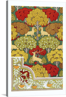  Immerse yourself in the enchanting world of this exquisite artwork, now available as a limited edition print. Every detail, from the majestic stags amidst a forest of blossoming trees to the intricate patterns weaving through every inch, invites you into a realm where nature and imagination converge. The vibrant hues of red, yellow, and green breathe life into this masterpiece, ensuring it becomes not just a piece of art but the centerpiece of any room it graces. 