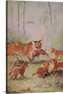  Immerse yourself in the enchanting world of woodland creatures with this exquisite print of original artwork by Maud Scrivener. A tender scene unfolds as a mother fox lovingly shares her catch with her playful cubs, encapsulating the essence of family and the raw beauty of nature. The artist’s masterful strokes bring to life the lush forest backdrop, casting dappled light that dances around these majestic creatures. 