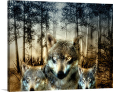  “Wolves” by Maude Scrivener beckons you into an enigmatic forest—a world where silence speaks louder than words. Three majestic wolves, their fur meticulously detailed, command attention against mist-shrouded woods. Their eyes, hauntingly beautiful, hold secrets as ancient as the moon. 